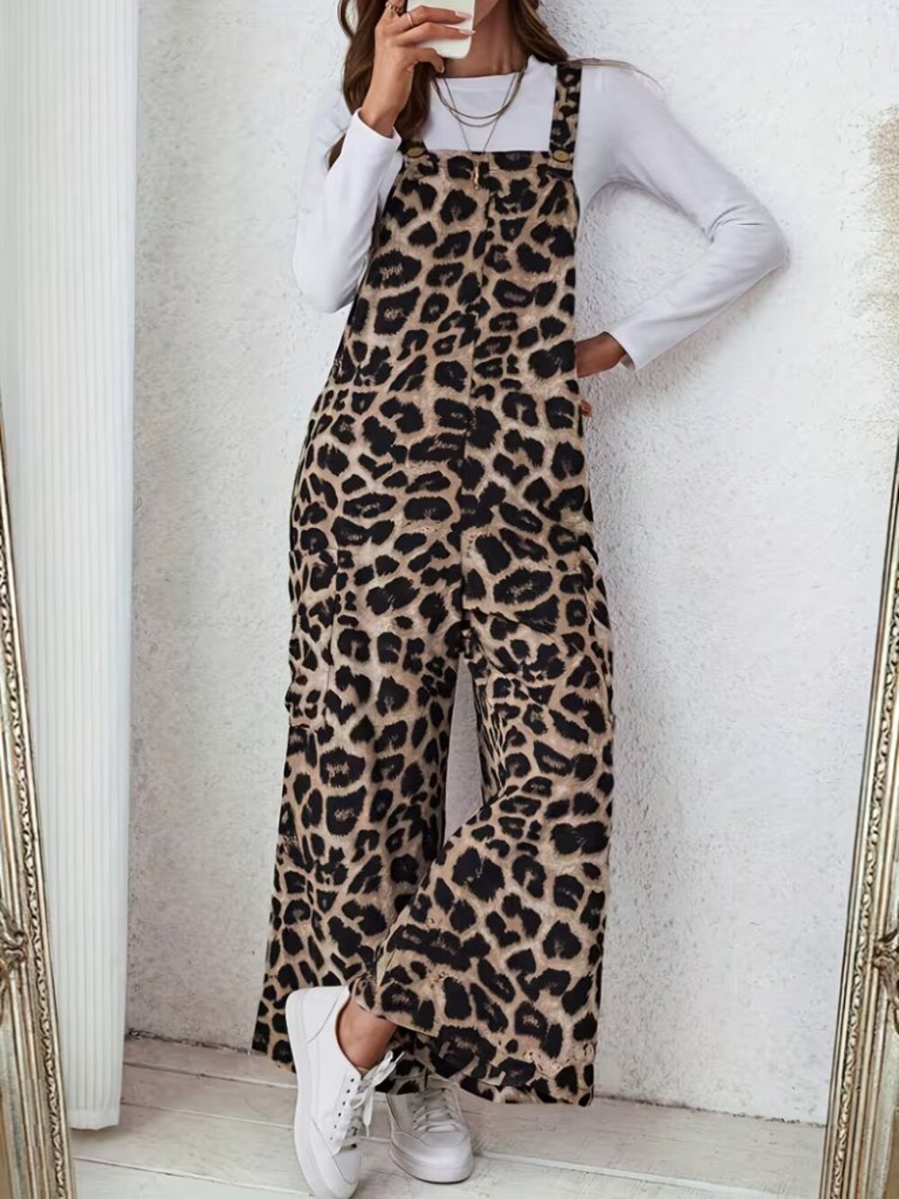 Women's Casual Leopard Print Loose Jumpsuit; size medium